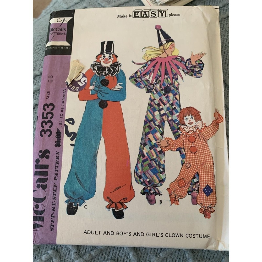 Vintage ©1972 McCall's Sewing Pattern Adult/ChildClown Costume No. 3353 Uncut